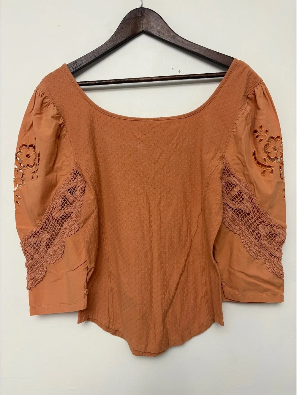 Free people size Large Rust Orange Blouse with Crochet Lace Sleeves
